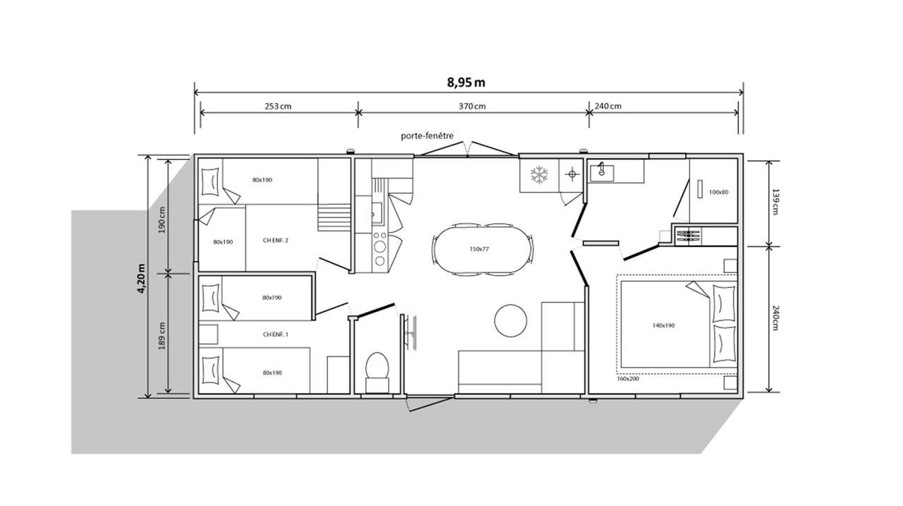 Plan mobil-home 3 chambres 884 3ch - Côté jardin