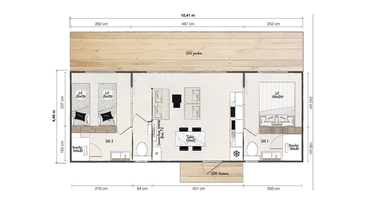 Plan mobil-home 2 chambres Key West 2ch