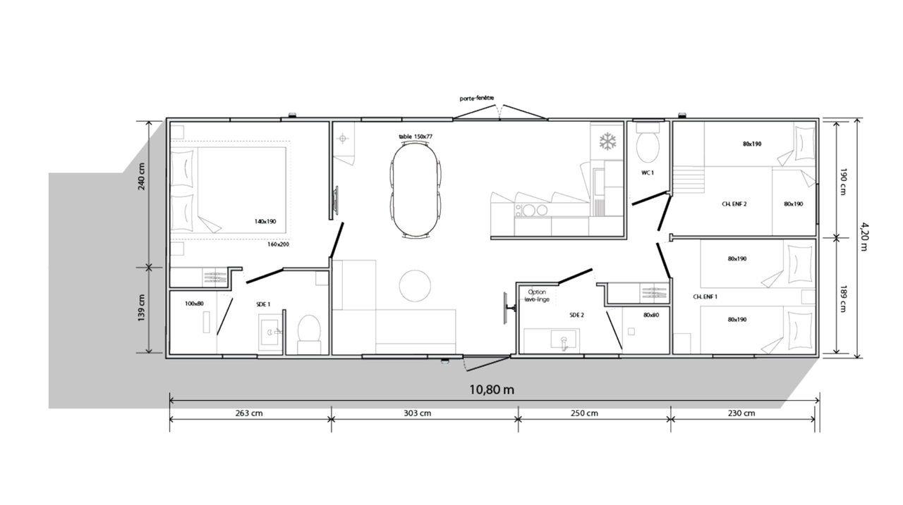 Plano de mobil-home 3 dormitorios 1064 3hab 2b - Lado jardín