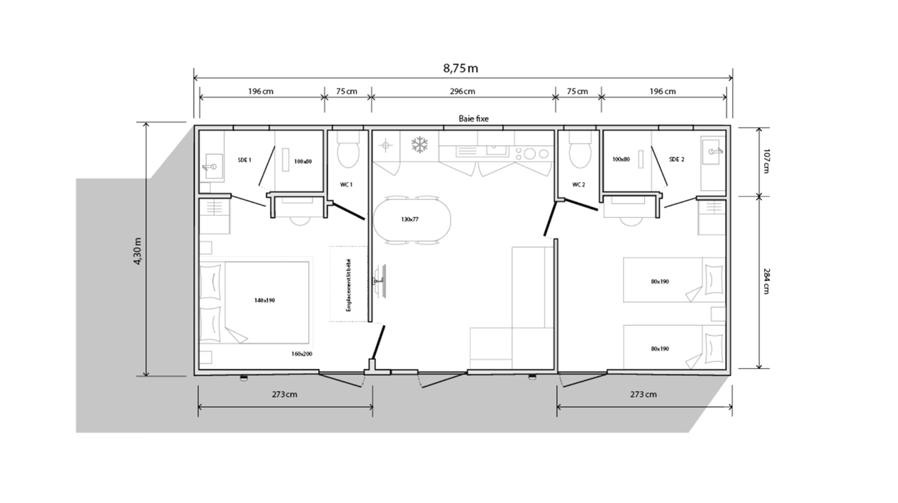 Plan mobil-home 2 chambres 865 2ch 2s