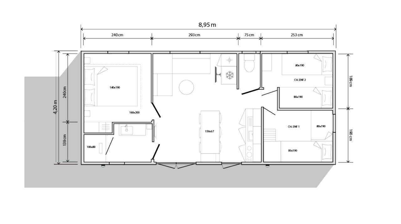 Plan mobil-home 3 chambres 884 3ch