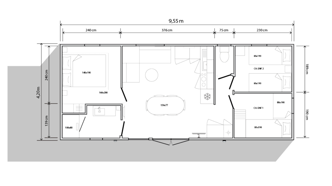 Plan mobil-home 3 chambres 944 3ch