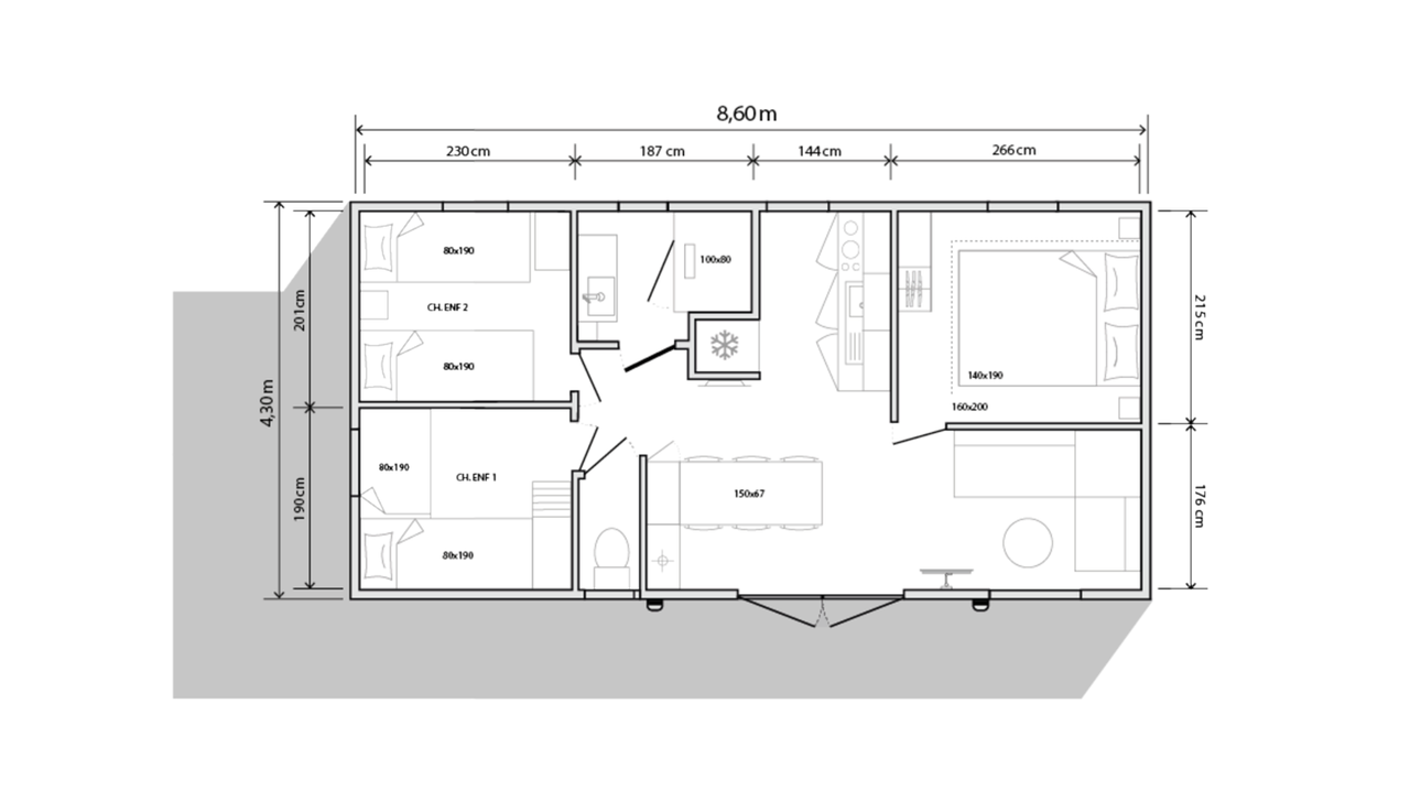 Plan mobil-home 3 chambres 845 3ch